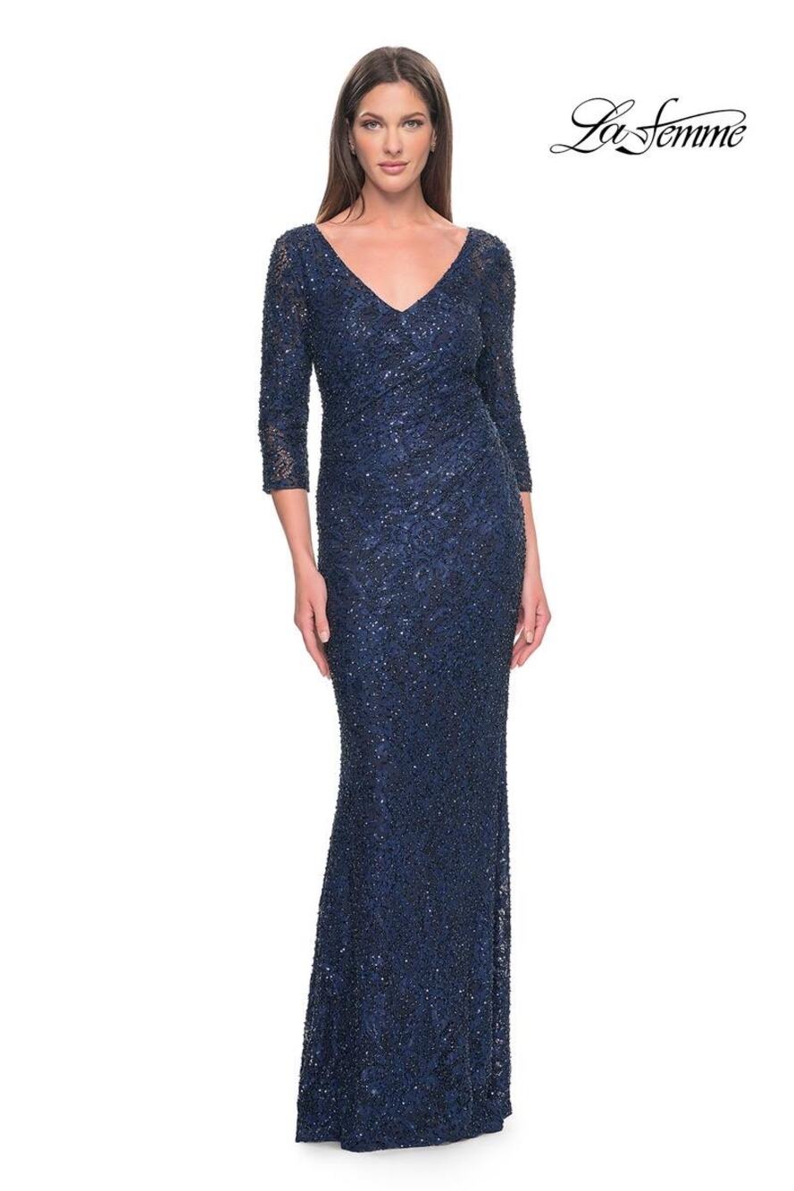 La Femme Navy Beaded Lace Ruched 3/4 Sleeve VNeck Formal Gown Plus Size 20